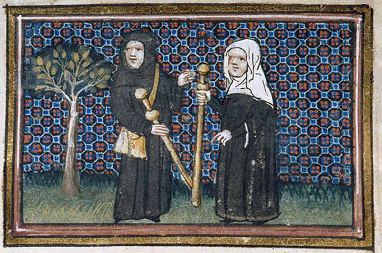 Twee pelgrims. Miniatuur. 1390. G. de Lorris, Roman de la Rose (Bron: New York, Pierpont Morgan Library).