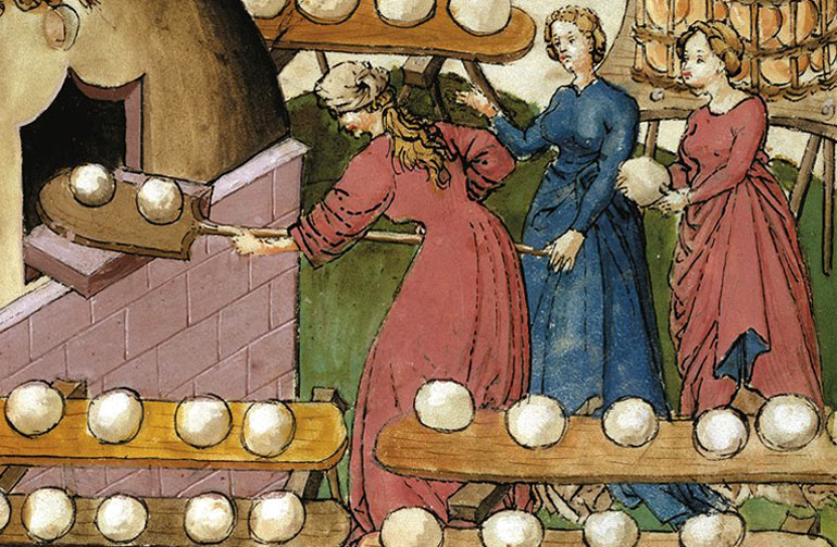 Vrouwen in de broodbakkerij. Miniatuur uit Tacuinum Sanitatis, eind 14de eeuw (Bronnen: Wikimedia / Parijs, BN).