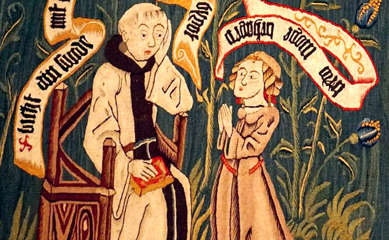 Een priester hoort de biecht van een zuster. 14de eeuws wandtapijt (detail)