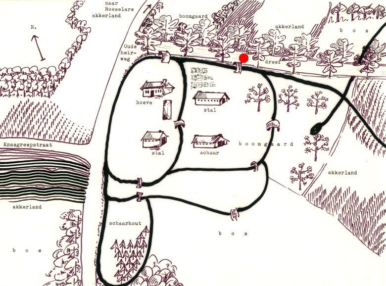 Plattegrond van de Gasthuishoeve in 1765. Bovenaan de dreef ter vervanging van de oude Molenweg