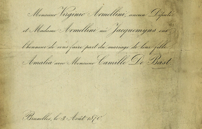 Aankondiging van het huwelijk van Amalia Armellini met Camille De Bast in 1870 (Bron: Archief van de UGent).
