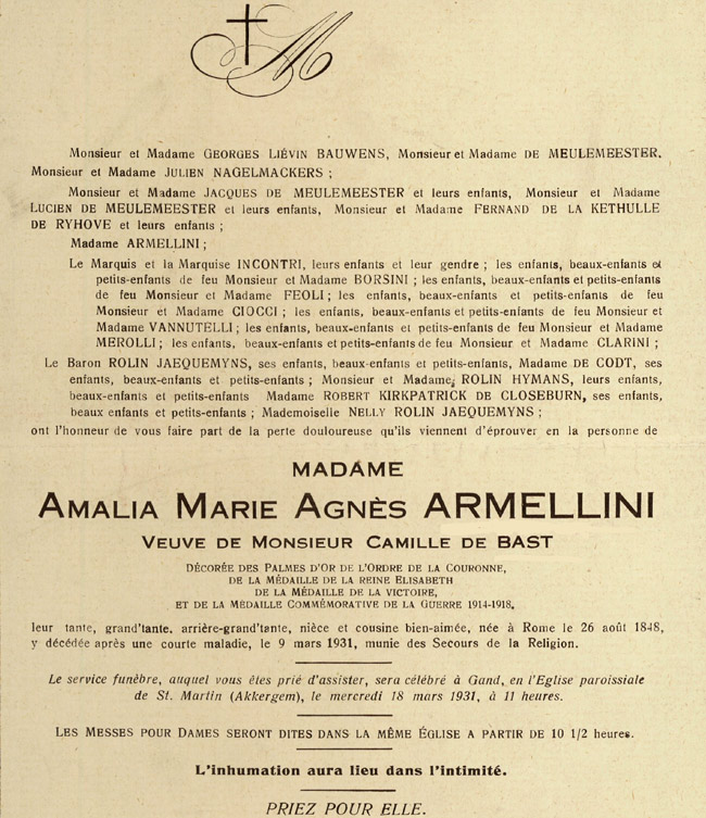 Overlijdensbericht uit 1931 van Amalia Armellini (Bron: Archief UGent).