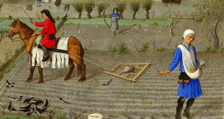 Horigen op het veld. Miniatuur, ca. 1412. Gebroeders Van Limburg, Les Trs Riches Heures du duc de Berry. Chantilly, Muse Cond.