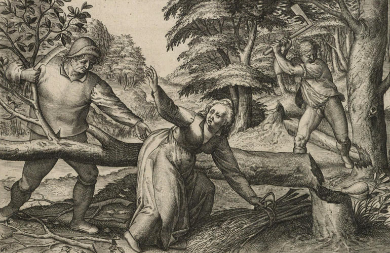 Een burgerlijk privilege: bomen vellen en hout sprokkelen.16de-eeuwse ets