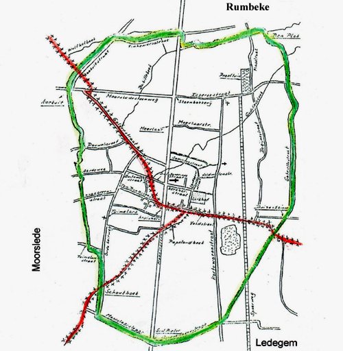 Kaart van de parochie Beitem, met de grensafbakening van 1889 (Bron: R. Plovie)