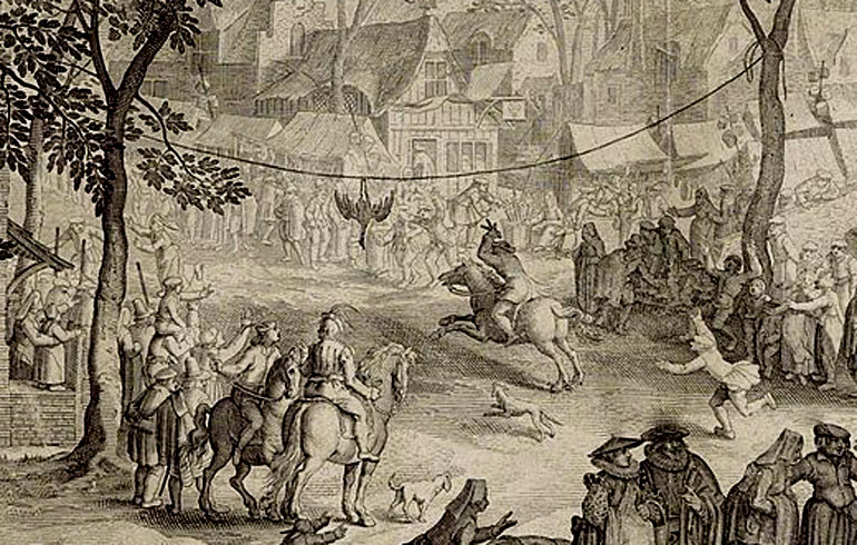 De ruiterwedstrijd gansrijden. David Vinckboons, Dorpskermis (uitsnede), ca. 1610. Bron: Publiek domein.