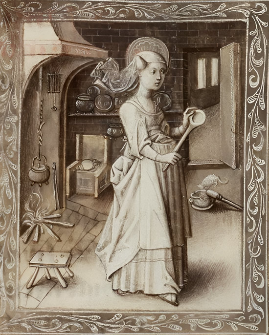 Zuster kookt bij het haardvuur. Miniatuur. 14de eeuw. (Bron: KB Nationale Bibliotheek Nederland)