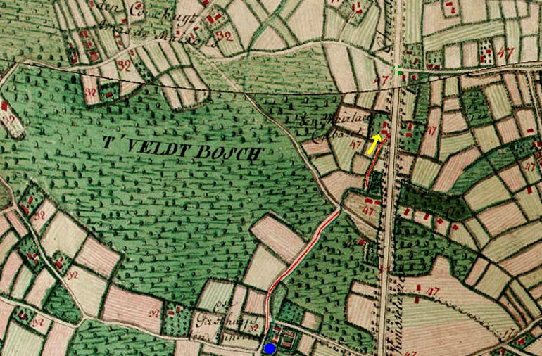 De herberg de Meirlaer (gele pijl) en het Gasthuis ten Bunderen (blauwe stip onderaan), allebei gelegen langs de Oude Heirweg (Bron: Ferrariskaart van de Oostenrijkse Nederlanden, 1771-78).