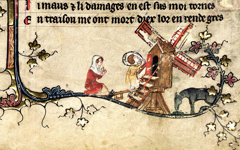 Met het graan naar de windmolen. Miniatuur, 1344 (Oxford, Bodleian Library).