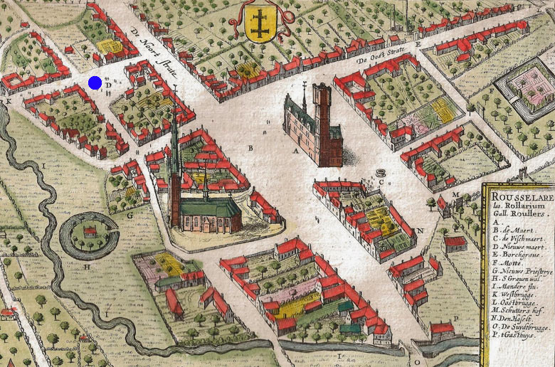 D. De Nieuwe maert (blauwe stip) op de kaart van Roeselare in Flandria Illustrata van A. Sanderus.
