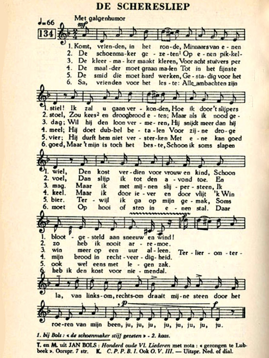 De muziekpartituur van het volkslied De Scheresliep (Bron: Liederenkrans. Brugge, 1960).