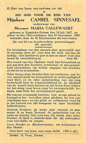 Achterzijde bidprentje van bakker Camiel Sinnesael-Callewaert (Bron: Roger Sinnesael).
