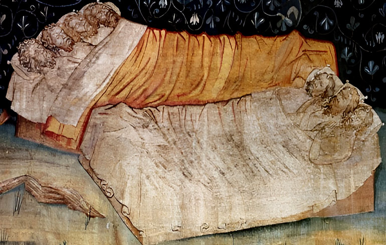 De slaap der rechtvaardigen. Fragment van het beroemde (6-delig) wandtapijt van de Apocalyps, eind 14de eeuw. Kasteel van Angers (Fr.).