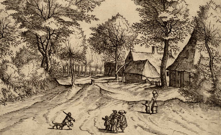 Straat in het dorp. Claes Jansz Visscher, 1612 (Washington, Nat. Gall. of Art).