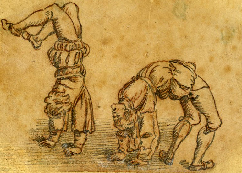 Twee tuimelaars. Anoniem. Ets, 17de eeuw (Bron: Londen, British Library).