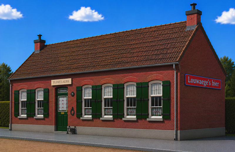 Zo zag de herberg de Tuimelare eruit voor de sluiting in 1955 (Reconstructietekening van Linda Malfait, met behulp van AI. Ze beschikte hierbij over alle nauwkeurige afmetingen en vormkenmerken)