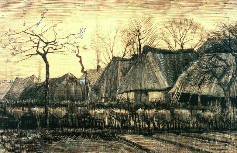 Huisjes met strodaken. Tekening van Vincent Van Gogh.
