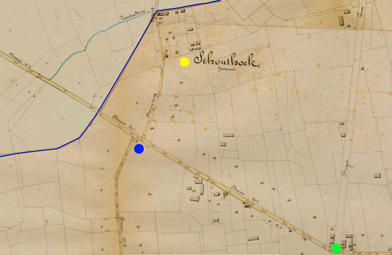 De Schouthoek (gele stip), de  Kruishoek (blauwe stip) en de herberg St.-Pieter. Atlas der Buurtwegen, 1841.