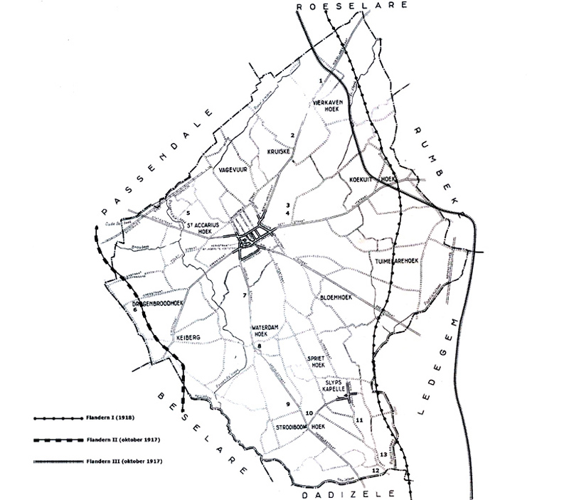 Kaart met de locatie van de 13 nog bestaande Duitse WOI bunkers in Moorslede (Bron: Rik Lybeer).