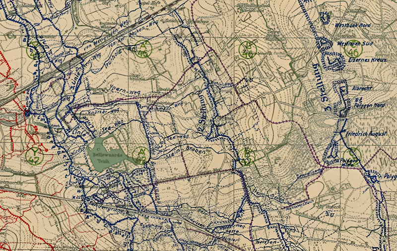 Duitse stafkaart met de Duitse frontlijn (blauw) en frontlinies Albrecht-Stellung en Wilhelm-Stellung, eind 1916 (MMP)