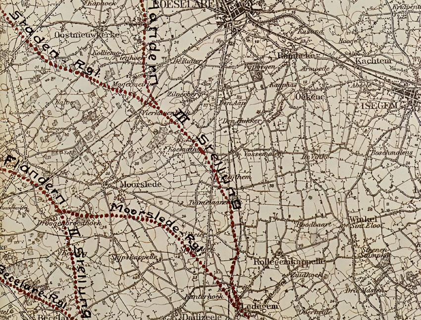 Duitse stafkaart met de verdedigingslinies in onze streek, halfweg 1917 (Bron: Mnchen, Bayerisches Hauptstaatsarchiv, Abt. IV Kriegsarchiv)