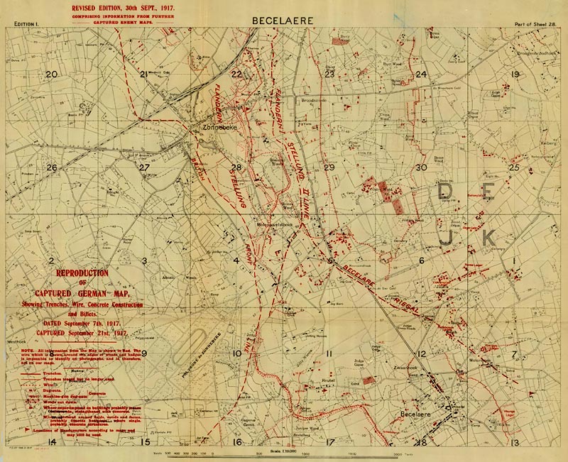 De verdedigingslinies op een Duitse stafkaart, buitgemaakt door het Britse leger en aangepast op 20 september 1917, tijdens de Slag van Passchendaele (Bron: Wikimedia Commons)