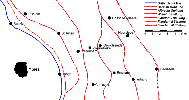 De Duitse verdedigingslinies ten oosten van Ieper. Midden 1917 (bron: Wikimedia commons).