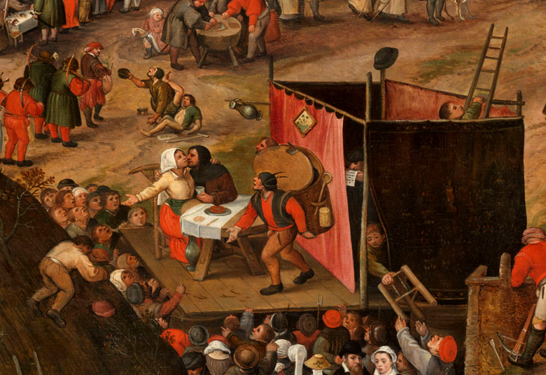 Boerenkermis met een opvoering van de klucht Een cluyte van Plaeyerwater. Peeter Balten, ca. 1570 (Bron: Wikimedia).