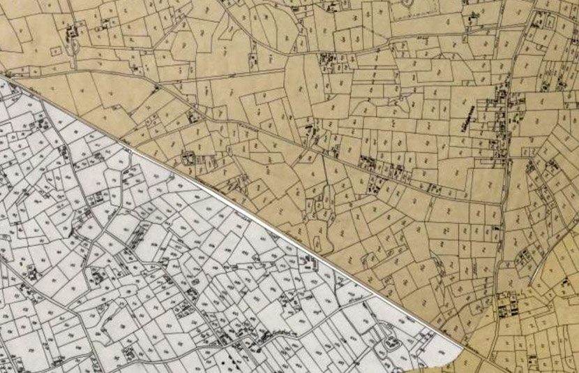 De Tuimelarestraat op de kadasterkaart van Moorslede. Ph. Popp, 1851 (Bron: Geopunt Vlaanderen).