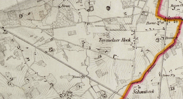 De Tuimelarestraat op de topografische kaart van Philippe Vandermaelen 1846-1854 (Bron: Geopunt Vlaanderen).