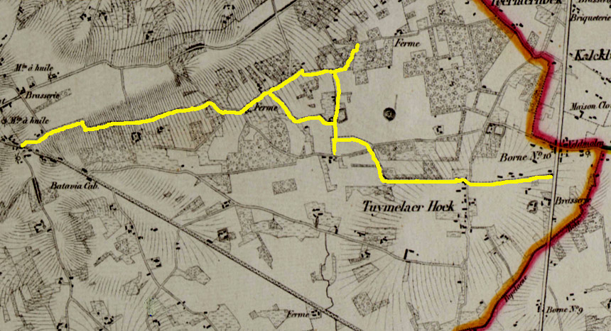 De sentier n 69 (Tuymelaervoetweg), geel gearceerd op de topografische kaart van Philippe Vandermaelen uit 1846-1854.