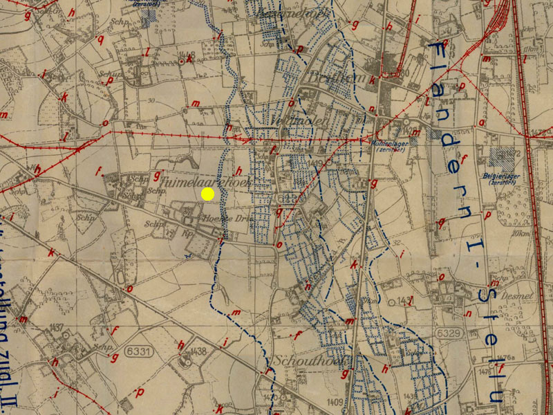 Duitse stafkaart van het front op 12 februari 1918. Links: Tuimelarehoek, Veldmolen schuin erboven rechts, en daarboven Beithem.