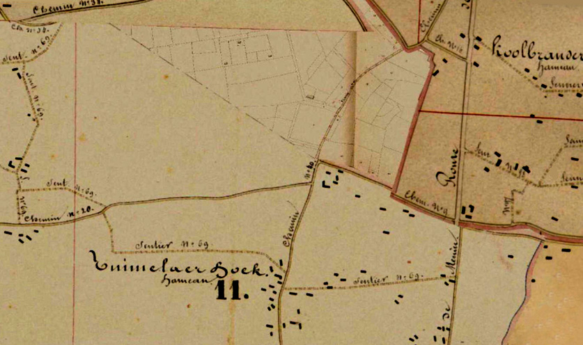 Oostelijk deel van de sentier n 69 oftewel Tuymelaervoetweg (geel gearceerd) op de kaart van de Atlas der Buurtwegen uit 1842