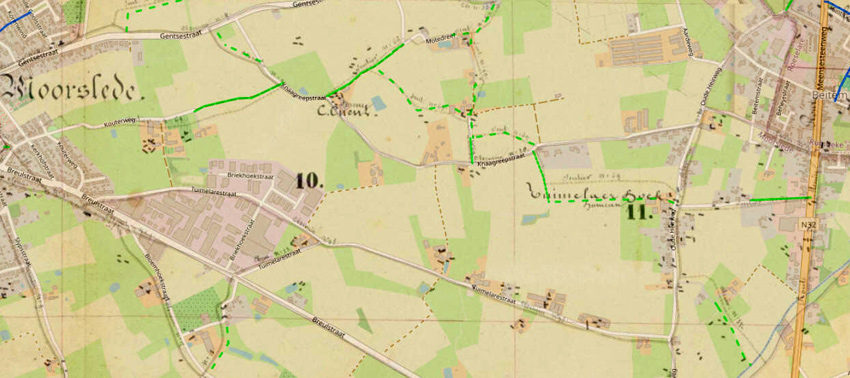 De bewaard gebleven stukken van de oude Tuymelaervoetweg n 69 (Bron: https://www.tragewegen.be/trage-wegen-kaart).